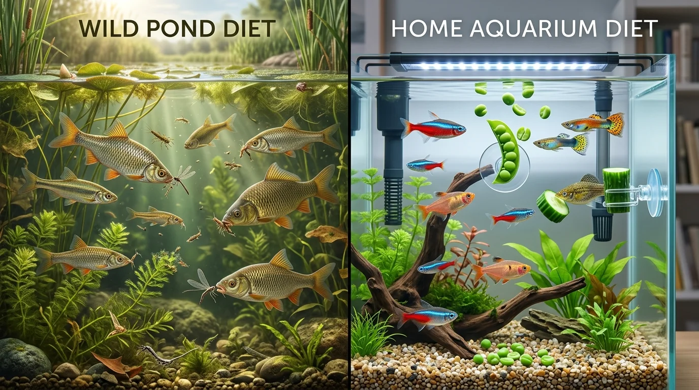 A side-by-side comparison of fish eating insects in a wild pond versus vegetables in a home aquarium.