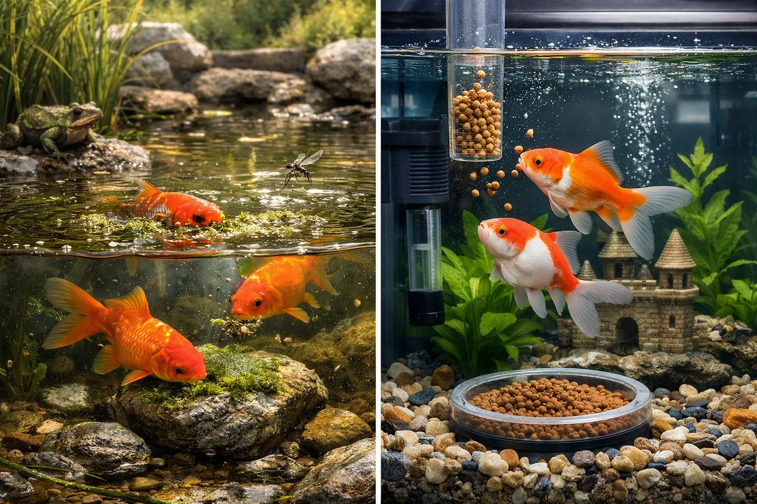 A split image showing goldfish in a natural outdoor pond with moss and insects on the left, and goldfish in a filtered indoor aquarium with a castle ornament on the right.