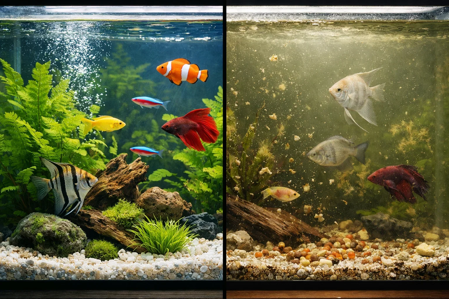 A side-by-side comparison of a clean, healthy aquarium with vibrant fish on the left and a murky, debris-filled tank with dull fish on the right.