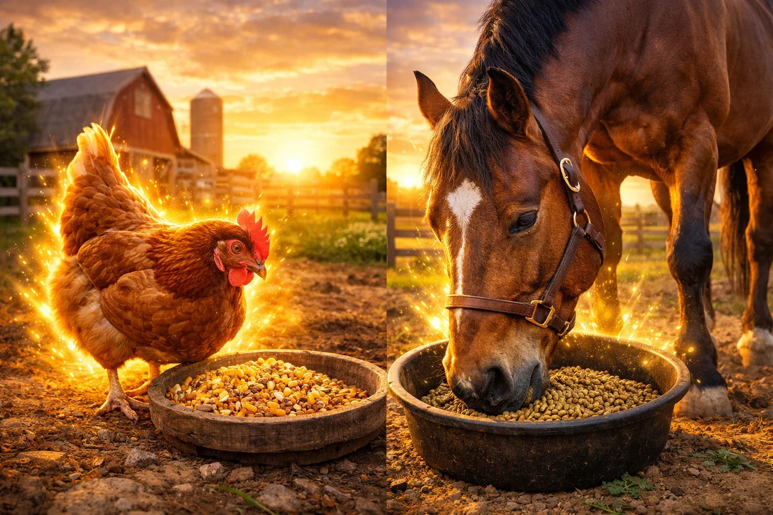 A split-screen showing a brown hen and a brown horse, both glowing with a golden aura while eating their respective specialized feeds.